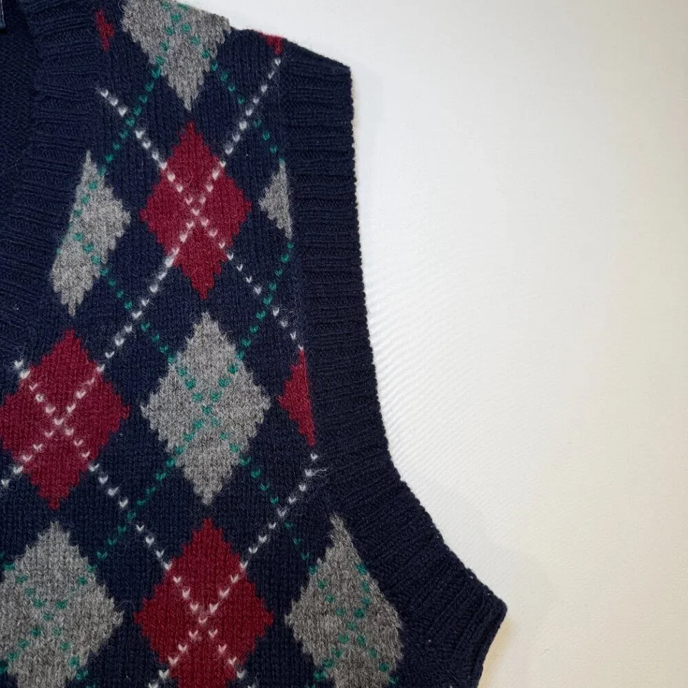 Vintage 80s PARFOUR Navy Blue Argyle Wool Indie Sweater Vest Large